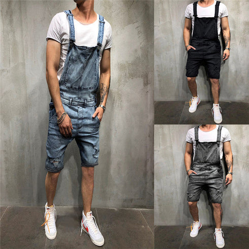 Men's Bib Overalls Shorts Jeans Sleeveless Ripped Denim Jumpsuit