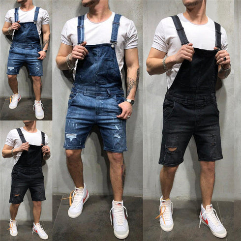 Men's Bib Overalls Ripped Denim Jumpsuit Romper Workout Shorts Jean