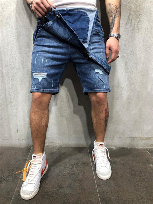 Men's Bib Overalls Ripped Denim Jumpsuit Romper Workout Shorts Jean