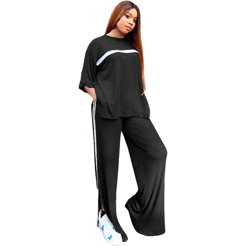 Stripes Women's Tops Slit Pant Two Piece Outfits