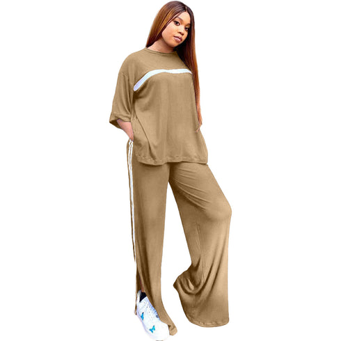 Stripes Women's Tops Slit Pant Two Piece Outfits