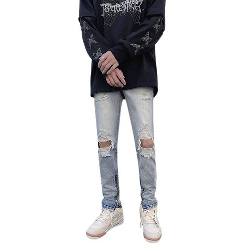 Men's Ripped Straight Fit Washed Denim Jeans