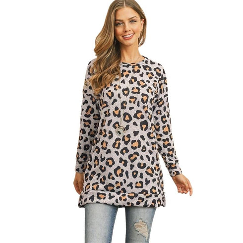 Women's Tunics Leopard Round Neck Knit Top