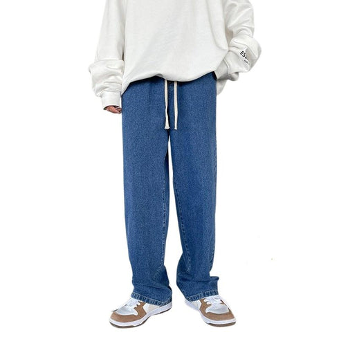 Men's Fleece-Lined Elastic Waist Loose Fit Straight Jeans Denim Pants