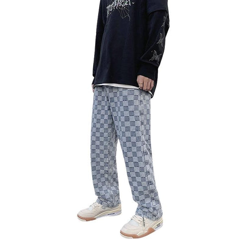 Loose Fashion Men's Plaid Denim Jeans