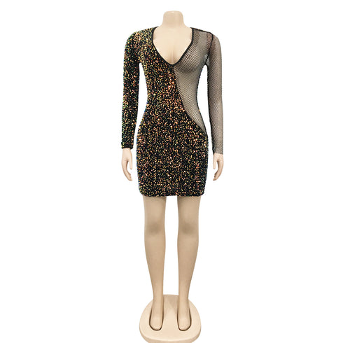 Breathable Long Sleeve Deep V-neck Women's Bodycon Dresses