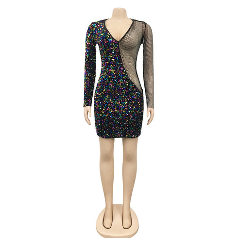 Breathable Long Sleeve Deep V-neck Women's Bodycon Dresses