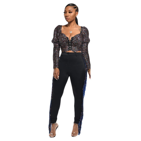 Casual Dazzle Color Fringe Women's Street Trend Pants