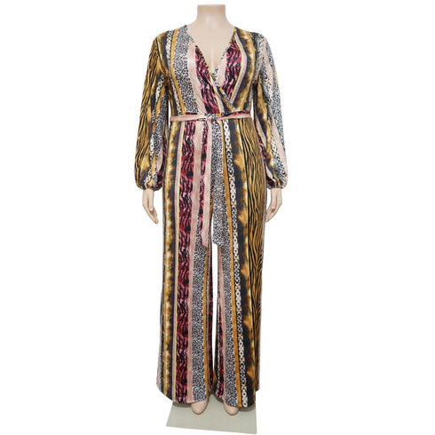 Casual Plus Size Women's V-neck Print Jumpsuits
