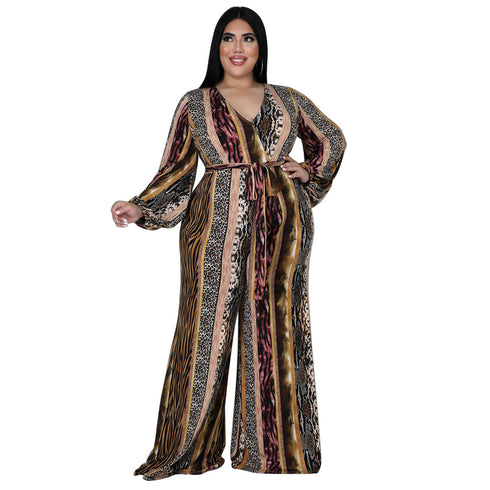 Casual Plus Size Women's V-neck Print Jumpsuits