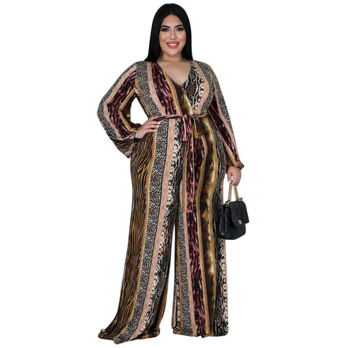 Casual Plus Size Women's V-neck Print Jumpsuits