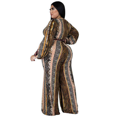 Casual Plus Size Women's V-neck Print Jumpsuits