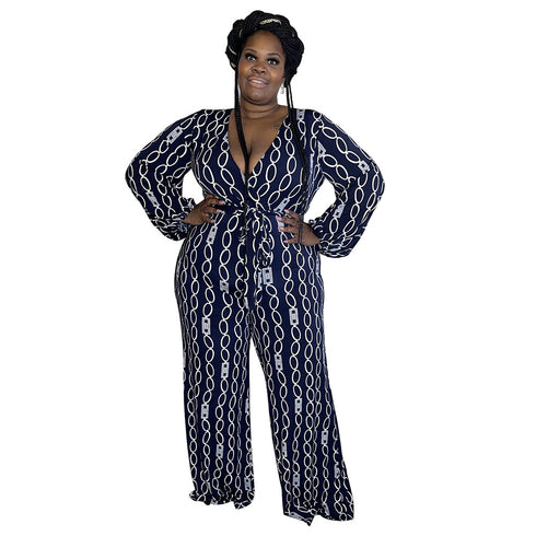 Casual Plus Size Women's V-neck Print Jumpsuits