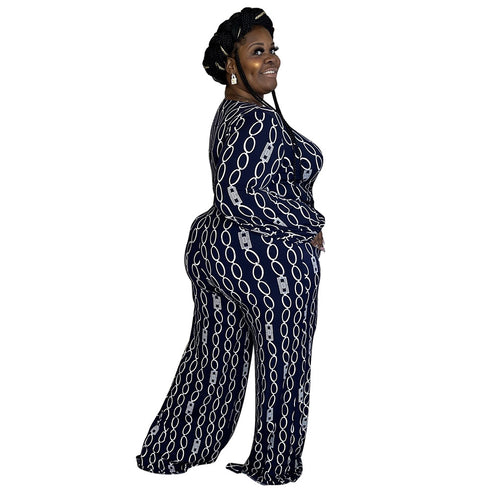 Casual Plus Size Women's V-neck Print Jumpsuits