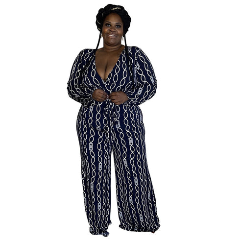 Casual Plus Size Women's V-neck Print Jumpsuits