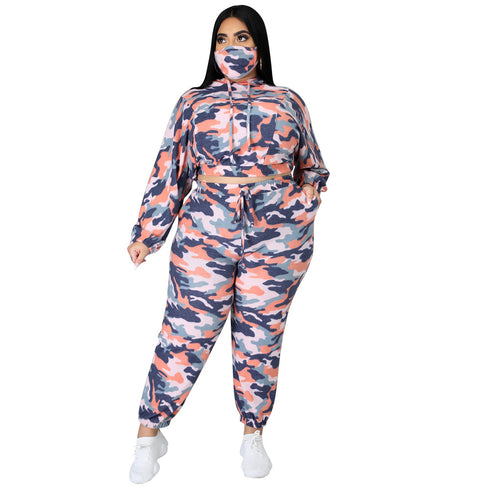 Casual Print Hooded Plus Size Women's Two Piece Outfits