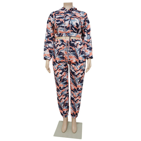 Casual Print Hooded Plus Size Women's Two Piece Outfits