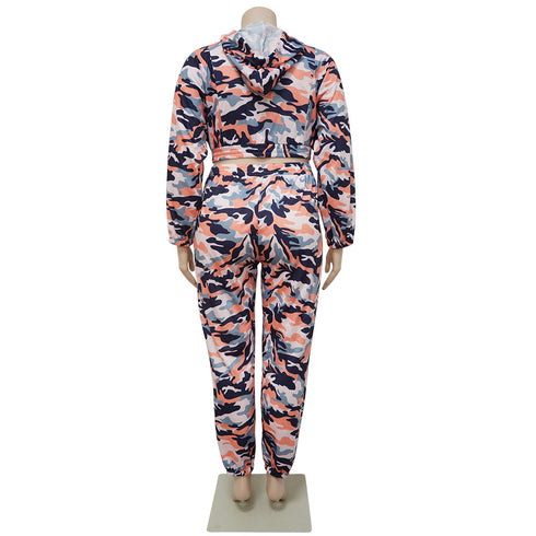 Casual Print Hooded Plus Size Women's Two Piece Outfits
