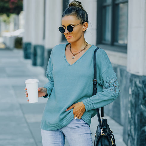 Casual Simple Loose Pullover V Neck Sweater Women's Knit Tops