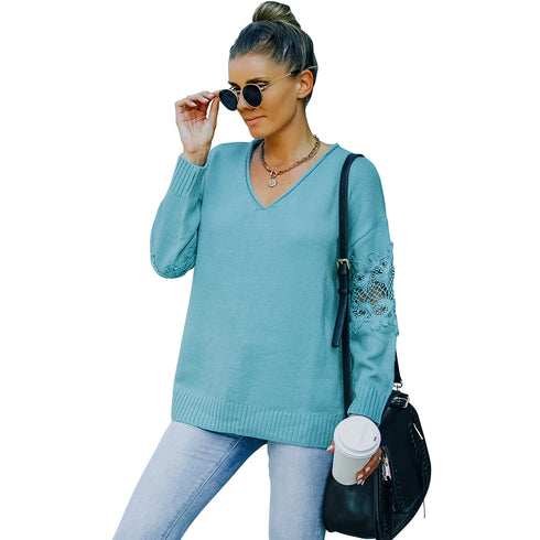 Casual Simple Loose Pullover V Neck Sweater Women's Knit Tops