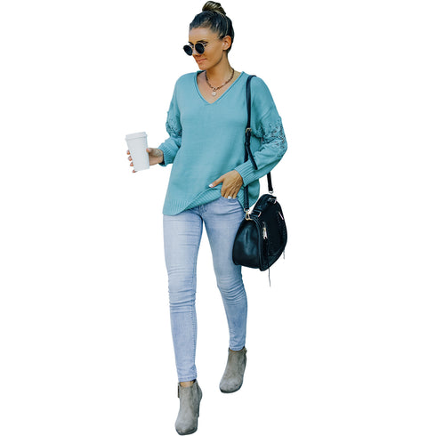 Casual Simple Loose Pullover V Neck Sweater Women's Knit Tops