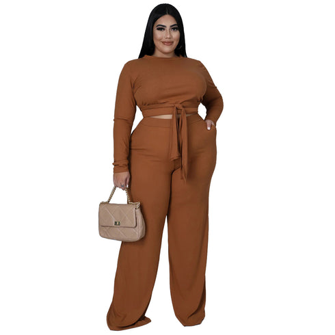 Casual Slim Women's Plus Size Wide Leg Two Piece Outfits