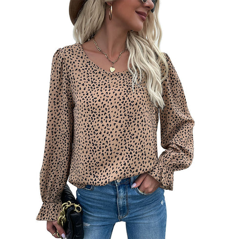 Casual Vintage Blouse Women's Leopard Round Collar Shirts