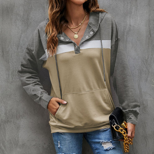 Casual Women's Color Matching Workout Pocket Hoodies