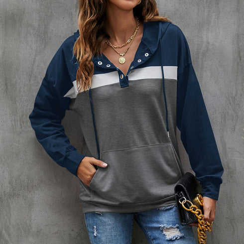 Casual Women's Color Matching Workout Pocket Hoodies