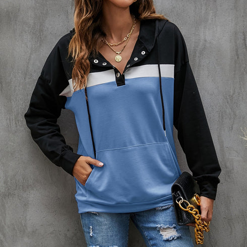 Casual Women's Color Matching Workout Pocket Hoodies