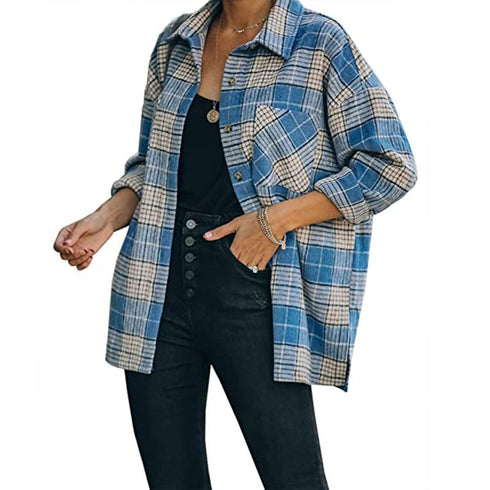 Classical Lapel Women's Plaid Jacket Button Shirts Coats