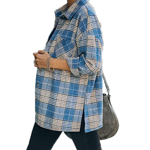 Classical Lapel Women's Plaid Jacket Button Shirts Coats