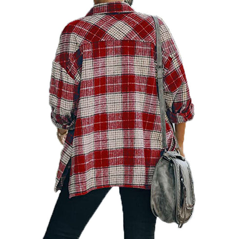 Classical Lapel Women's Plaid Jacket Button Shirts Coats