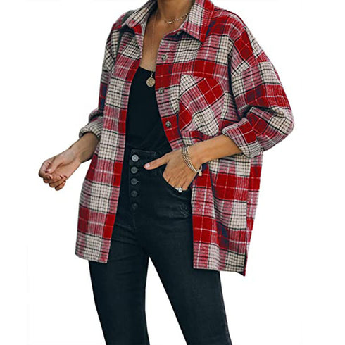 Classical Lapel Women's Plaid Jacket Button Shirts Coats