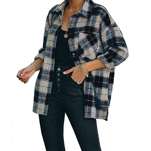 Classical Lapel Women's Plaid Jacket Button Shirts Coats