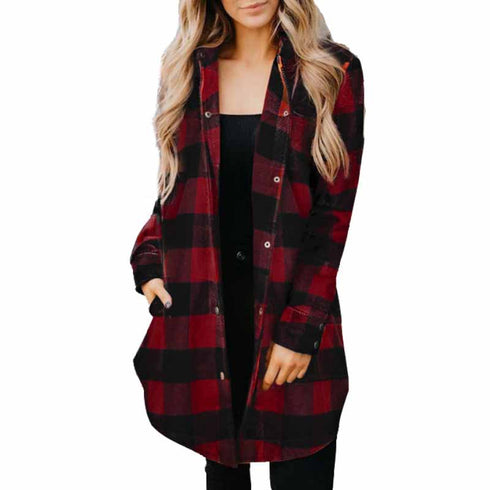 Classical Lapel Women's Plaid Jacket Button Shirts Coats