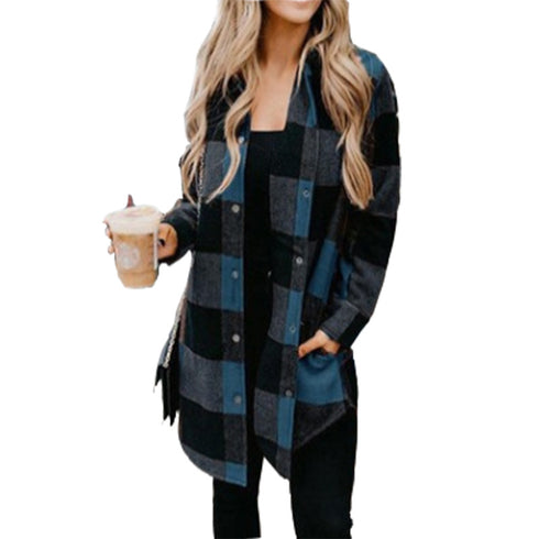 Classical Lapel Women's Plaid Jacket Button Shirts Coats
