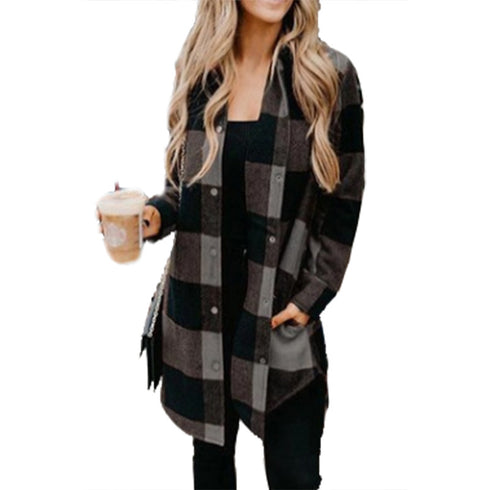 Classical Lapel Women's Plaid Jacket Button Shirts Coats