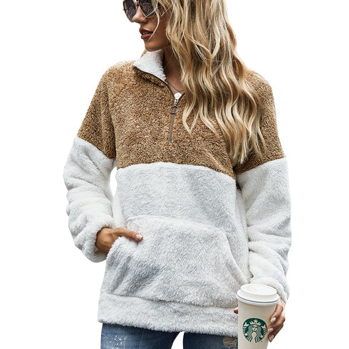 Cute Women's Patchwork Pullover Plush Loose Tops