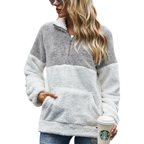 Cute Women's Patchwork Pullover Plush Loose Tops