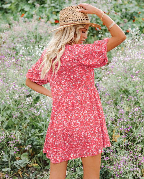 Cute Women's Puff Sleeve Round Neck Print Floral Dresses