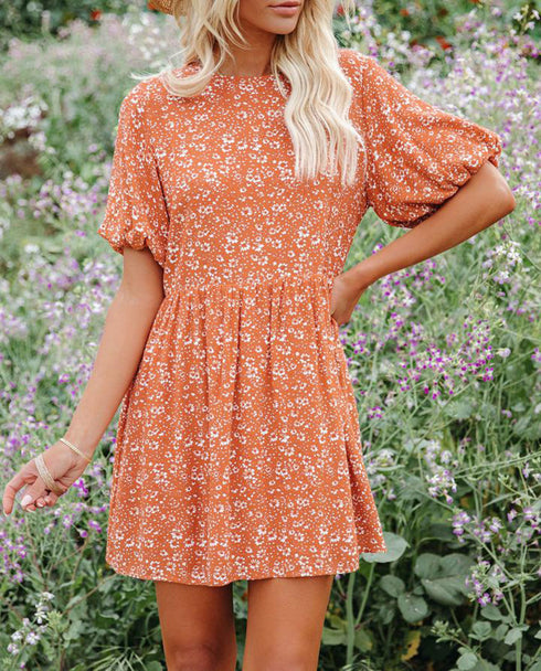 Cute Women's Puff Sleeve Round Neck Print Floral Dresses