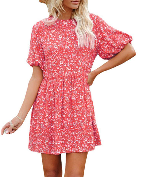 Cute Women's Puff Sleeve Round Neck Print Floral Dresses