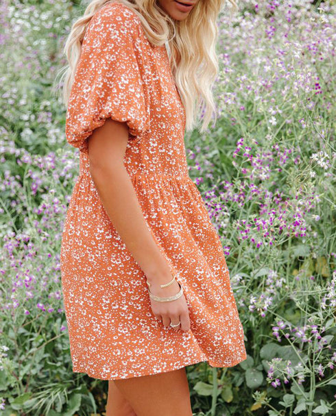 Cute Women's Puff Sleeve Round Neck Print Floral Dresses