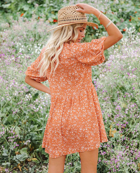 Cute Women's Puff Sleeve Round Neck Print Floral Dresses
