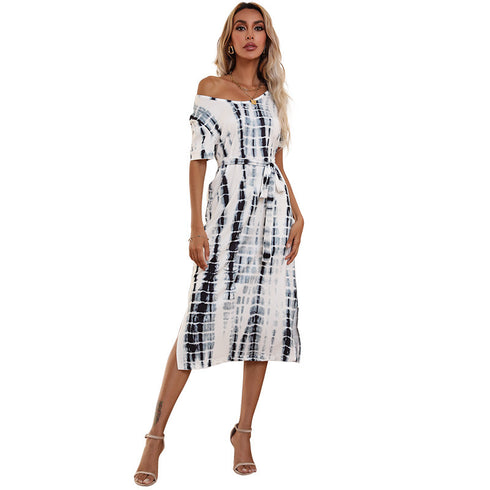 Cute Women's Round Neck Slit Tie-dye Print Dresses