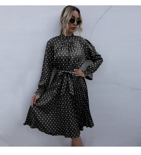 Cute Women's Spot Print Pleated Lace-up Dresses