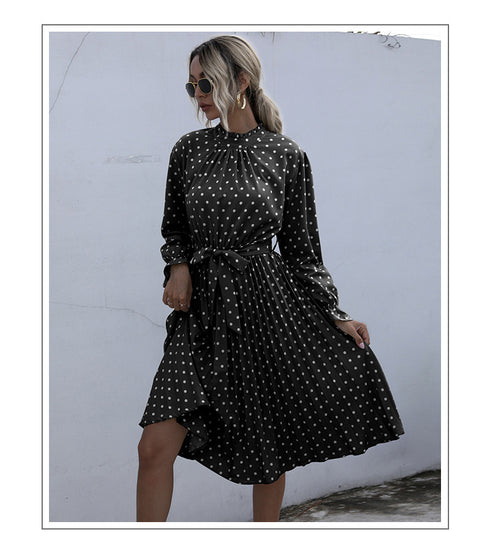 Cute Women's Spot Print Pleated Lace-up Dresses