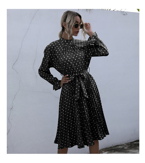 Cute Women's Spot Print Pleated Lace-up Dresses