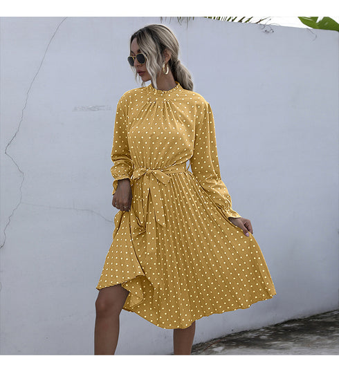 Cute Women's Spot Print Pleated Lace-up Dresses